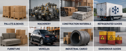 Different freight cargo types including pallets boxes machinery containers and refrigerated goods