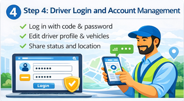 Professional driver logging into ExusTrans account using access code and managing profile, status, and location