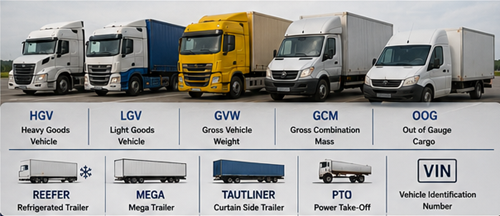 Different European commercial transport vehicles including refrigerated truck mega trailer curtain side truck cargo van and flatbed transport vehicles