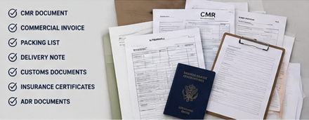 Freight transport documents including CMR invoice shipping papers and logistics paperwork