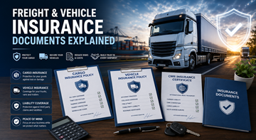 Freight and vehicle insurance documents with truck cargo transport and logistics protection concepts in Europe