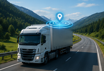 Truck with GPS tracking system driving on European highway during logistics operation