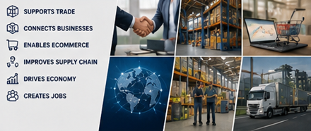 European freight logistics supply chain with warehouses trucks and distribution operations