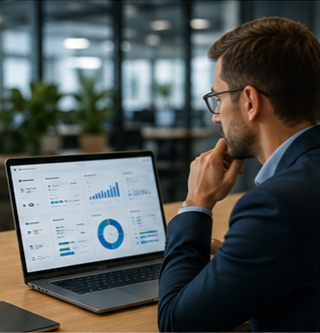 Business manager using shipment visibility dashboard to monitor logistics transport operations