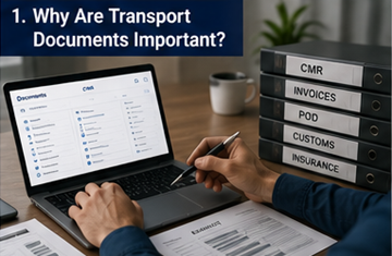 Logistics professional organizing transport documents invoices and shipment paperwork in office