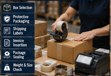Warehouse workers packing online orders with boxes labels and protective materials