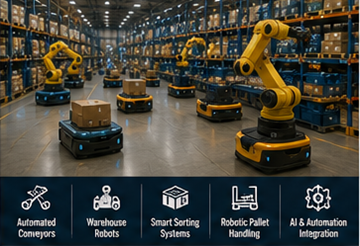 Automated warehouse robots connected to warehouse management system software